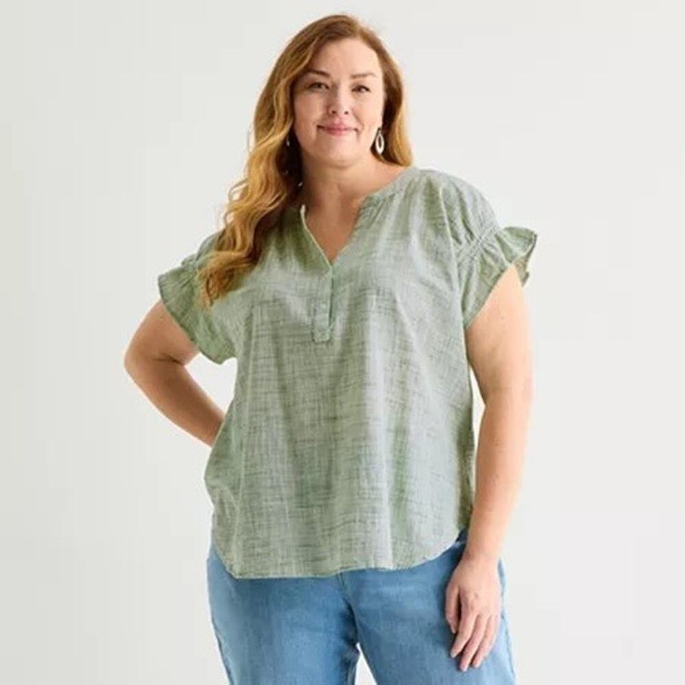 Liz Claiborne Woman 3X Top Green Mini Striped Woven Cotton Ruche Short Sleeves